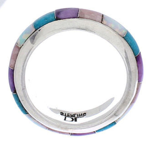 Turquoise Multicolor Inlay Silver Ring Band Size 8-1/2 HS35722